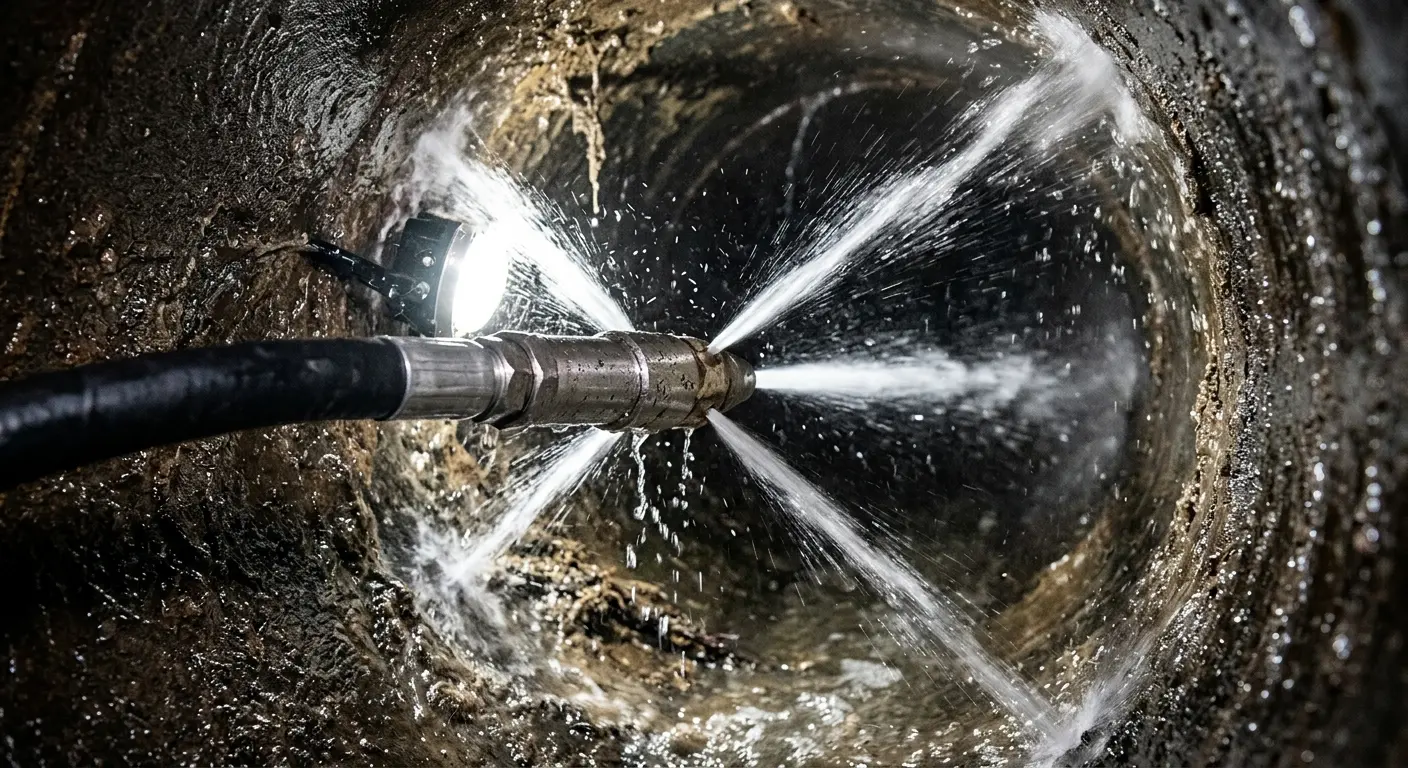 High-pressure hydro jetting nozzle cleaning sewer pipe for Sewer Cleanout in Alamo