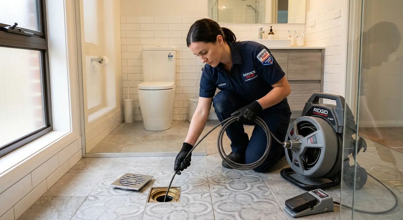 Technician clearing a bathroom floor drain for Drain Cleaning in Alamo